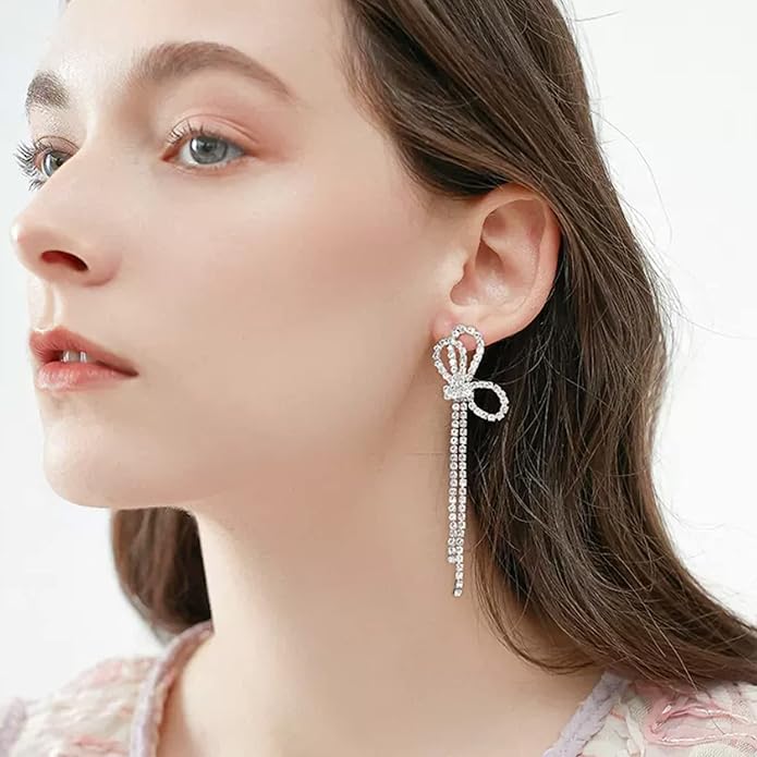 Luxval Rhinestone Earrings Dangling for Women Sparkly Silver Dangle Earrings Girls Long Chandelier Earrings Tassel Lightweight Ear Studs Cubic Zirconia Crystal Statement