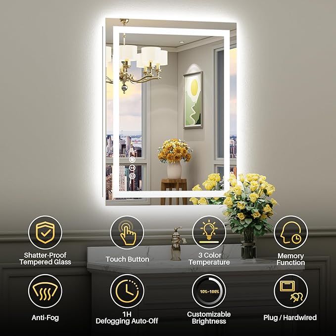 28x32 Inch LED Bathroom Mirror with Lights, Backlit & Front Lit | Anti-fog, 3 Color Dimmable, Memory Function, HD Reflection Tempered Glass, ETL Listed, IP54 Waterproof