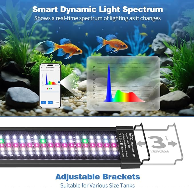 Bluetooth LED Aquarium Light with APP Control, 3 Modes for 48-54 Inch Fish Tank Light with Full Spectrum White Blue Red Green Lights, IP68 Waterproof with Extendable Brackets for Freshwater