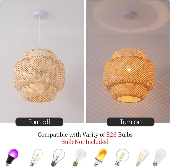 Bamboo Pendant Light,15.8" Rattan Chadelier | 15.75" Boho Bamboo Hanging Light,Hand Woven Rattan Chandelier for Kitchen Island Dining Bedroom Living Room Restaurant