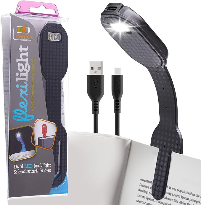 Gifts for Readers & Writers Rechargeable Book Light, Clip On Reading Light for Bed, 2in1 Flexilight & Bookmark, 12 Hours of Light Once Charged, Includes USB Cable & 2 LED Lights, Black Dots