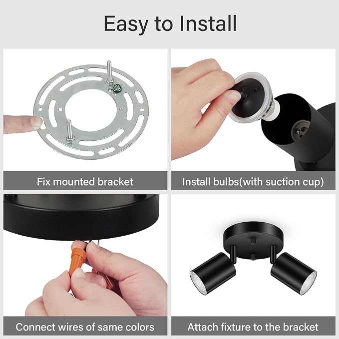 AUQUEE LED 2 Light Track Lighting Kit, LED Track Lighting Fixtures, Black Round Ceiling Spot Lighting, Flexibly Rotatable Light Head for Kitchen, Living Room, Bedroom, GU10 Bulb Not Included