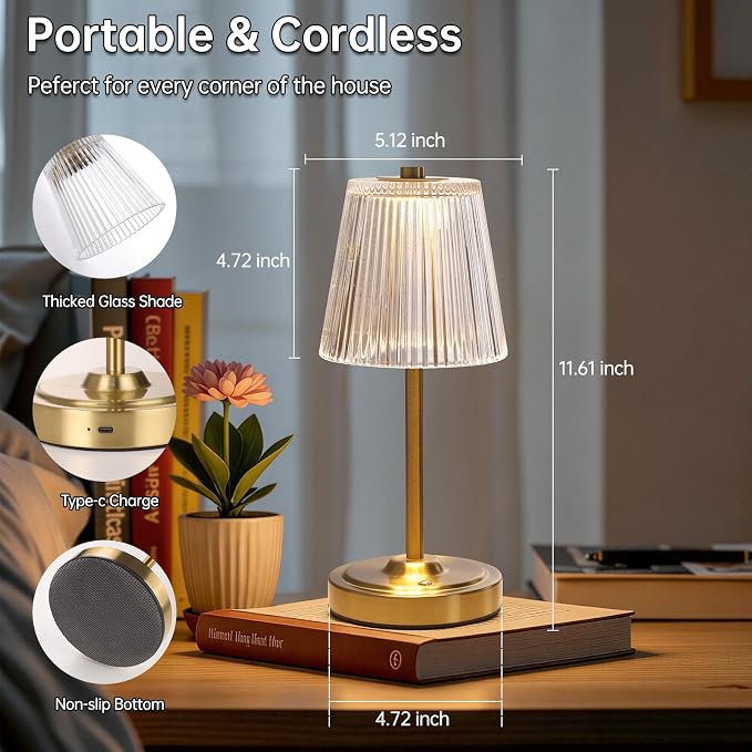 Shenmoyl Cordless Touch Table Lamp with 5200mAh Battery - 3 Adjustable Color Temperatures & Dimmable, Rechargeable Lamp for Bedroom, Living Room, Office, Entryway, Bookshelves (Transparent Stripe)