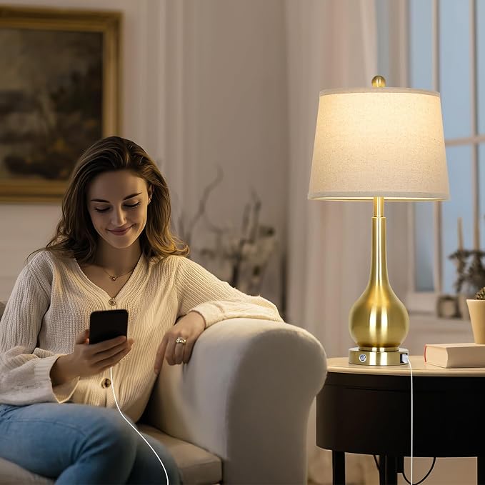 26" Gold Table Lamps Set of 2 for Living Room, Touch Control Bedroom Lamps for Nightstand, 3-Way Dimmable Bedside Lamp with USB A+C Port (2 LED Bulbs Included)
