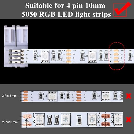 Honoson 5050 4 Pin RGB 10mm LED Strip Connector Kit RGB Extension Cable, LED Strip Jumper, 2 Way RGB Splitter Cable, L, T, Gapless, 4 Pin Male Connectors with Clips