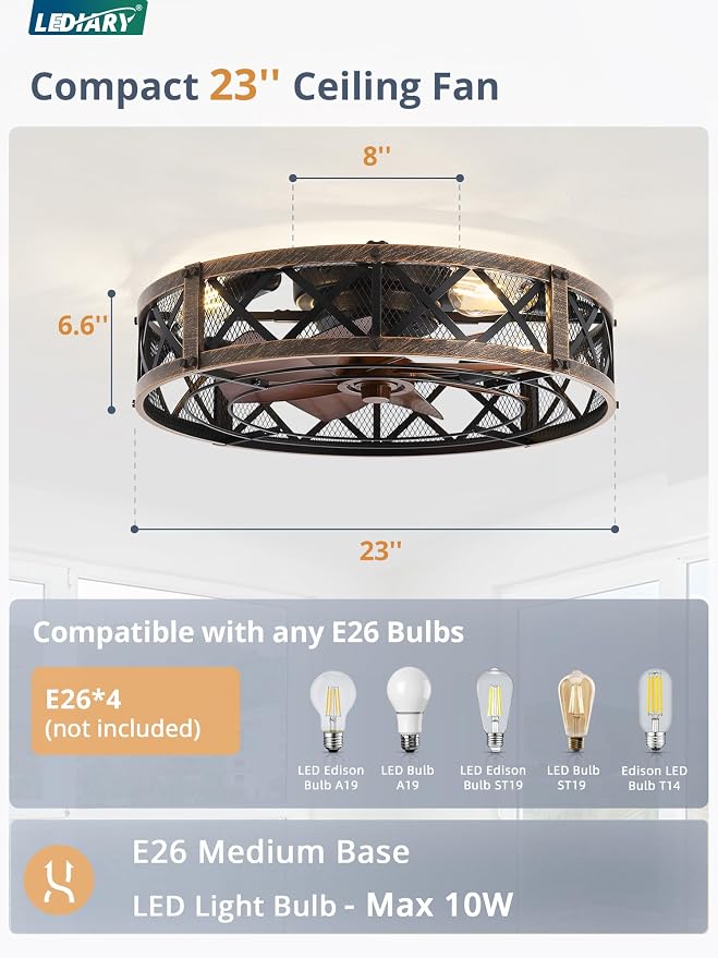 LEDIARY 23" Caged Farmhouse Ceiling Fan with Light, Flush Mount, Black Gold | Remote&APP Control, Large Low Profile, Rustic Fandaliers, Industrial Bladeless Enclosed, Powerful Motor for Bedroom, Kitchen
