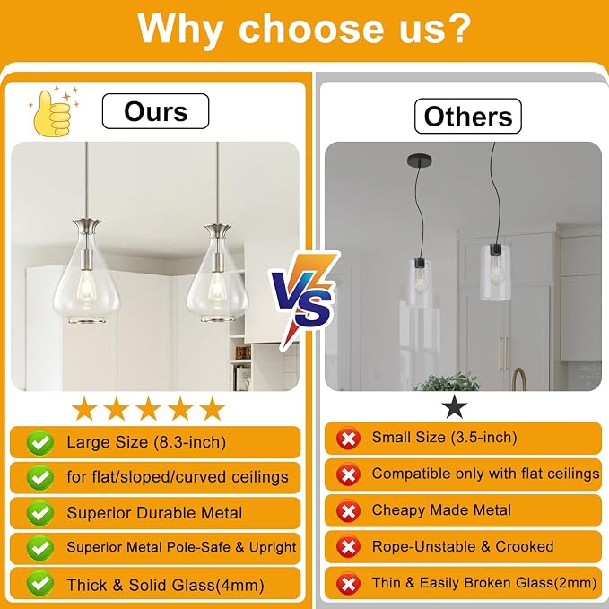 2 Pack Modern Pendant Lights Kitchen Island, Brushed Nickel Pendant Light Fixtures with 8.5" Clear Air Bubble Glass Shade, Industrial Hanging Pendant Lights Fixture for Kitchen Island Dining Room