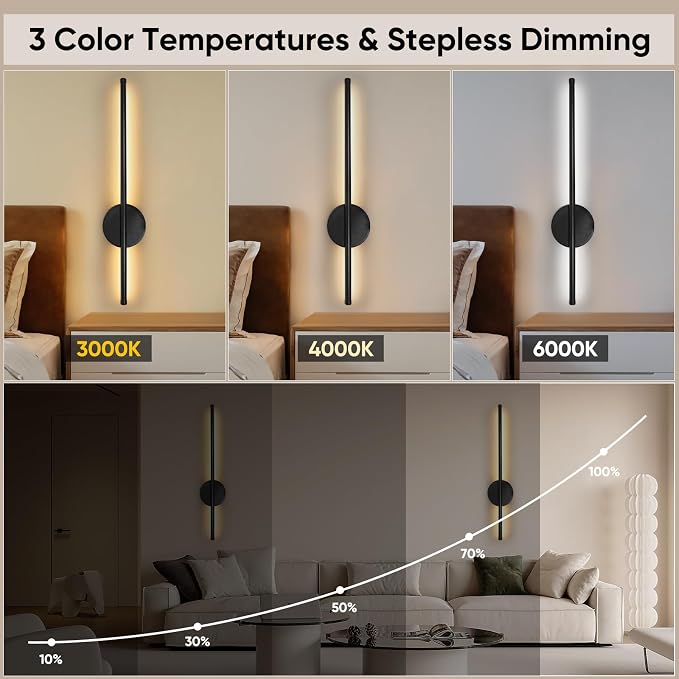 Battery Operated Wall Sconces Set of Two, Wireless Wall Sconces 24 Inch | Rechargeable, Remote Control, Dimmable, Cordless Wall Light Decor for Living Room, Bathroom, Hallway, Timing, Black