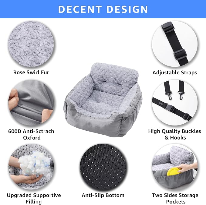 Oiilores Dog Car Seat for Small Dogs, Washable Pet Booster Seats with Clip-On Safety Leash, Comfy Deluxe Plush Carseat with Pockets, Puppy Car Travel Carrier Bed for Dogs Under 25 lbs, Light Grey