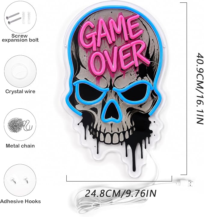 Game Over Skull Neon Sign LED Neon Light USB Dimmable Gaming Room Decor