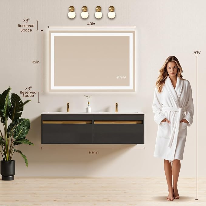 40x32 LED Bathroom Mirror with Anti-Fog, Backlit & Front Lit, Memory | Stepless Dimmable 3 Color CRI 95+ Shatterproof Tempered Glass ETL Listed for Safety Lighted Bathroom Vanity Mirror for Wall