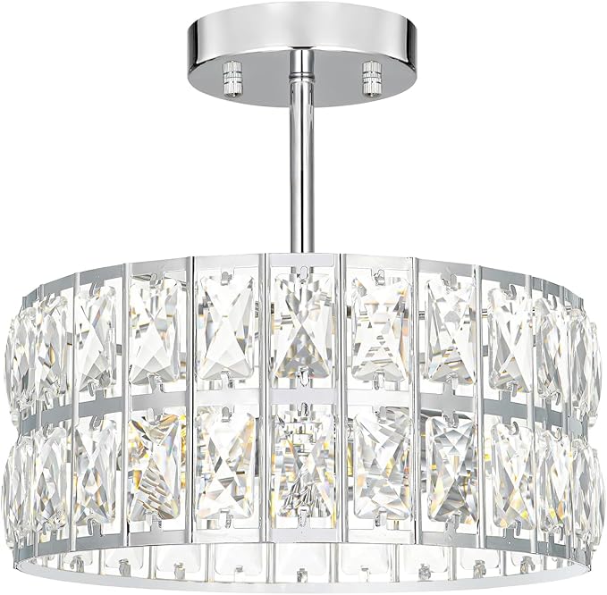Lxybcce Chrome Crystal Ceiling Light, Modern Semi Flush Mount Ceiling Lighting, Hallway Lighting Fixtures, Small Chandelier Light Fixture for Kitchen Entryway Bedroom Dining Room, 3-Light, 12 Inch