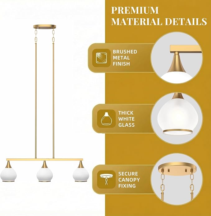 Kitchen Island Linear Pendant Light, 3-Light Gold Dining Room Chandelier with White Glass Globe Shades, Modern Linear Lighting Fixture Over Table