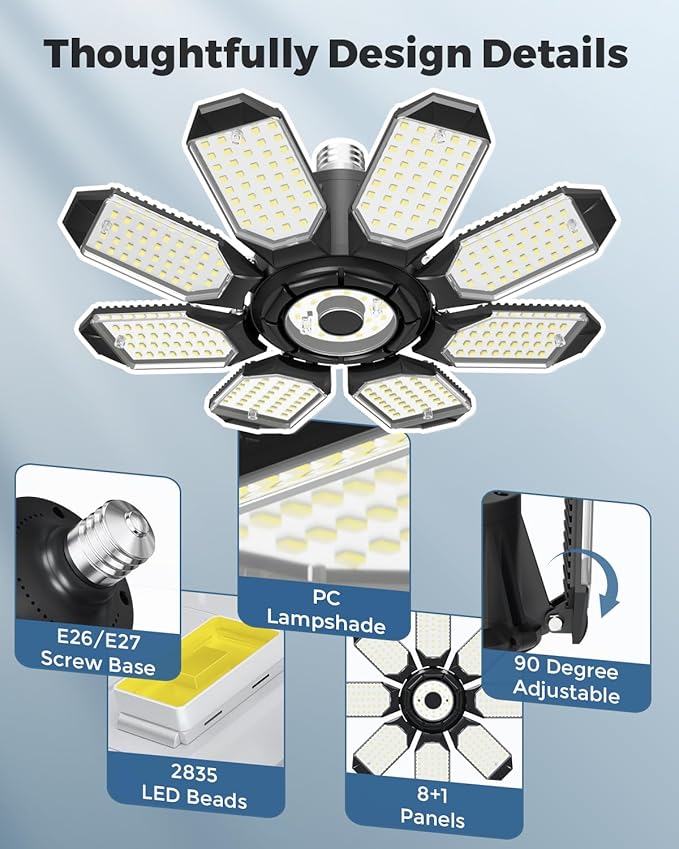 LED Garage Lights 2 Pack w/ 8+1 Deformable Panels, 28000LM 6500K | Super Brighter LED Garage Ceiling Lights, Basement Light Bulb Fixture Screw in E26 Socket for Basement Workshop Attic Storage