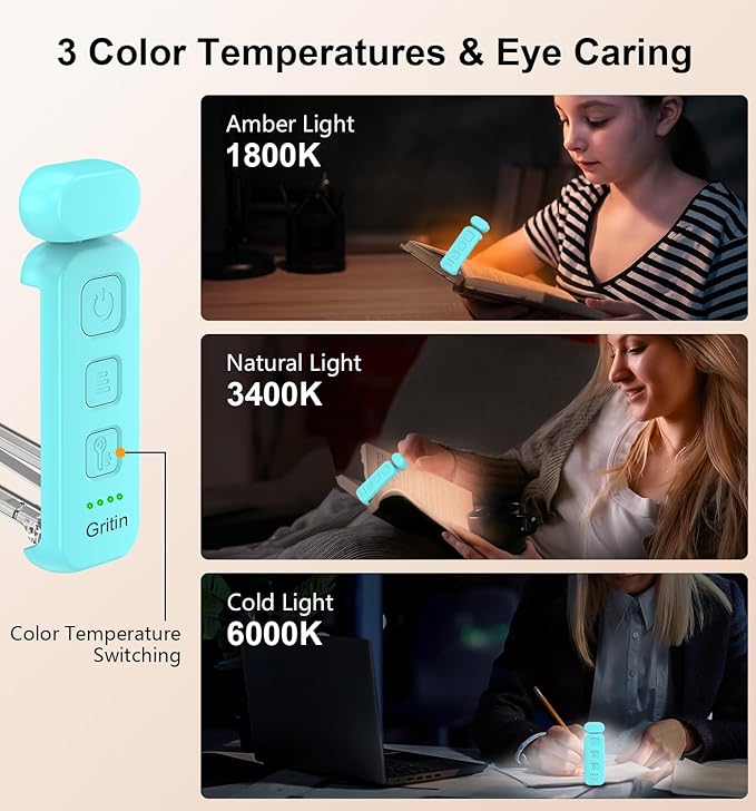 Gritin Reading Light, Rechargeable Book Light for Reading in Bed | Eye Caring 3 Color Temperatures, 5-Level Dimmable Brightness, Long Lasting, Compact Size Clip on Book Lamp for Bookworms-Blue