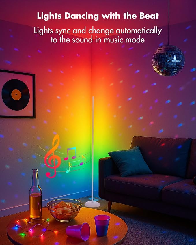 LED Corner Lamp, Smart RGB Floor Lamp for Living Room, Bedroom | 1200LM Dimmable with 16 Million Color Changing, Music Sync, APP & Remote Control, Standing LED Light for Gaming Room - Silver