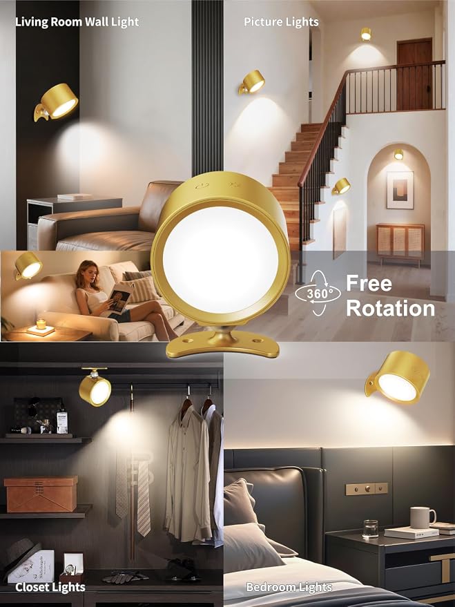 LANMEL LED Wall Mounted Lights,360° Rotating Rechargeable Wall Sconce Lamp | Gold,3CCT,Dimmable,with Remote & Touch Control,USB Wireless Wall Lamp, Suitable for Study,Bedroom,and Bedside Reading