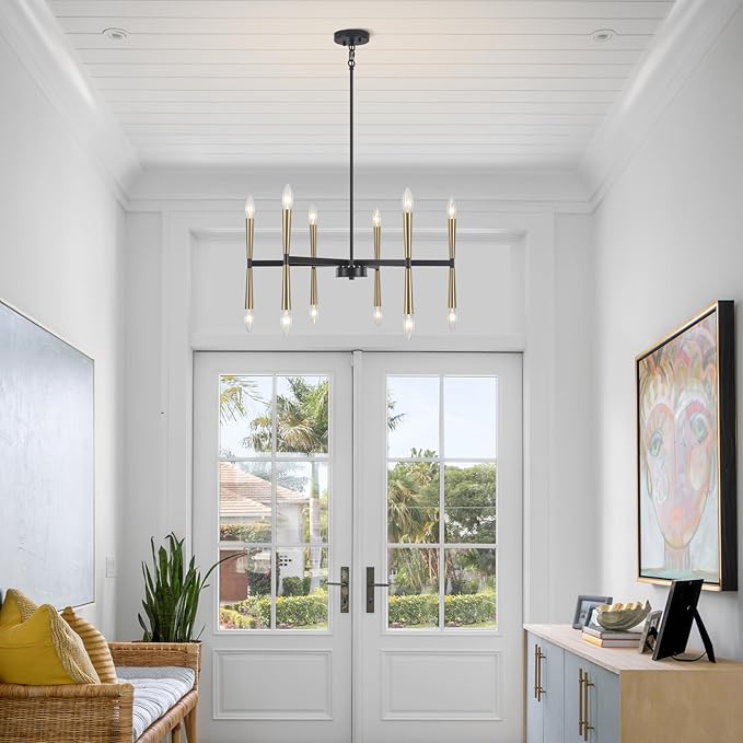 12 Light Black and Gold Modern Farmhouse Chandelier, Large Foyer Chandeliers for High Ceilings, Gold Pendant Light Fixture for Living Room Dining Room Staircase Entryway Kitchen Over Table