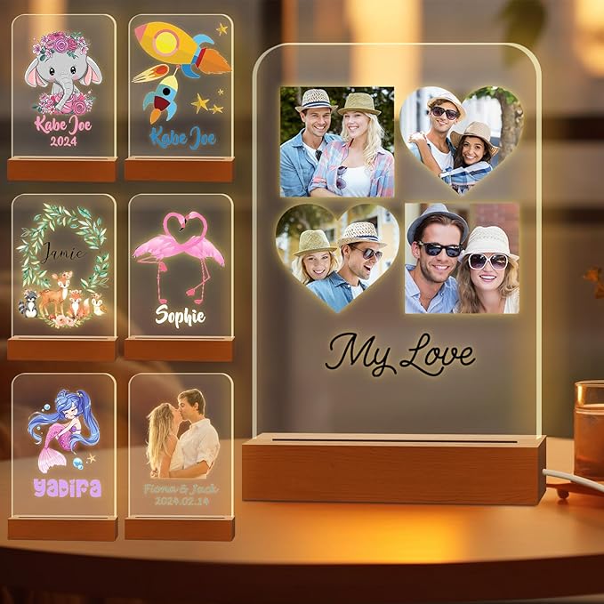 Personalized Photo Night Light for Kids Custom Engraved Name Acrylic LED Lights with Wood Base for Nursery Bedroom Decor Night Lamp, Customized Birthday Gifts for Boy and Girls