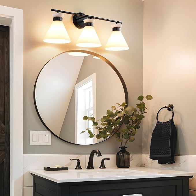 Black Bathroom Vanity Light Fixtures: Vanity Lighting Fixtures over Mirror 23.4 inch with Milky White Frosted Glass, 3-Lights Farmhouse Vintage Vanity Lighting Bathroom Wall Light(Exclude Bulb)