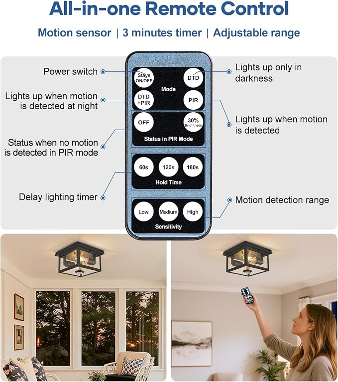 Motion Sensor Outdoor Ceiling Light with Remote, 8.5 Inch Matte Black Flush Mount Porch Light Fixture with United Glass Cover, 5 Modes Outside Flush Mount Light for Porch, Garage, Patio, Entryway