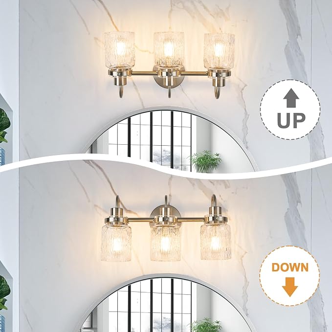 3 Lights Hammered Glass Bathroom Vanity Light,Brushed Nickel | Easy Installation,Up or Down,Farmhouse Modern Style,E26 Socket,ETL Certification