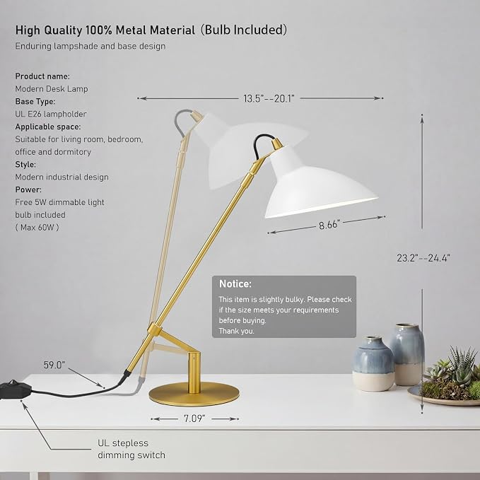 Desk Lamp Modern Industrial 100% Metal Adjustable Table Lamp 24", Natural Light (4000K) with Dimmer, Ideal for Office Bedroom Study Room Living Room Nightstand Bedside Lamps White+Brass