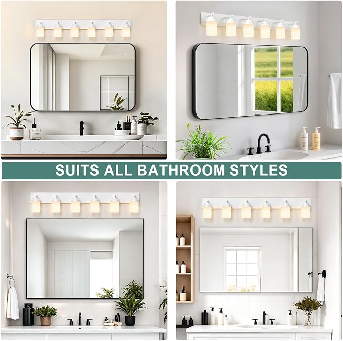 IZORRO Bathroom Vanity Light Fixture, 6-Light 46 Inch White Bathroom Light Fixtures Over Mirror, with White Glass Shade, Modern Farmhouse Vanity Lights, Rustic Restroom Lighting Fixtures