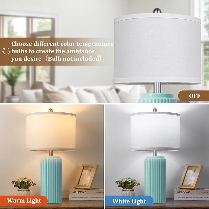 23.5" Light Green Modern Ceramic Table Lamps Set of 2 for Bedside | Nightstand Lamps with White Linen Shade, Ideal Size, Farmhouse Home Decor for Living Room Bedroom Office End Table Dorm