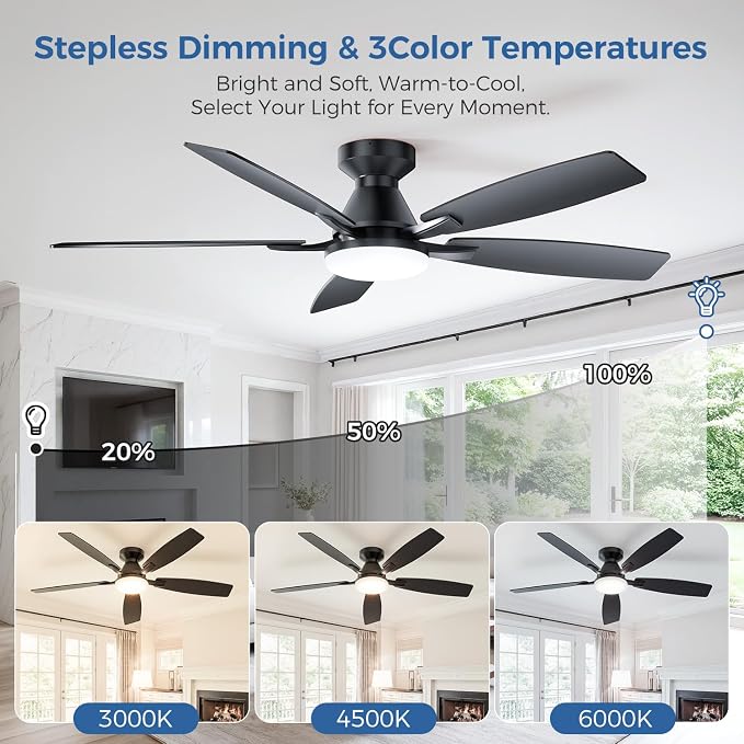 52 Inch Ceiling Fans with Lights, App & Remote Control, Quiet Reversible DC Motor, 6 Speeds, Dimmable 3CCT LED Light, Low Profile Flush Mount Ceiling Fan for Bedroom Living Room, Black