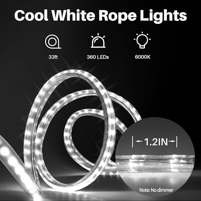 33ft/10m LED Rope Lights, Cool White Rope Light Outside, Waterproof Rope Lighting for Indoor Outdoor, 360 LEDs Plug in Flexible Connectable Decorative Lights for Garden, Patio, Pool, Bedroom (6000K)