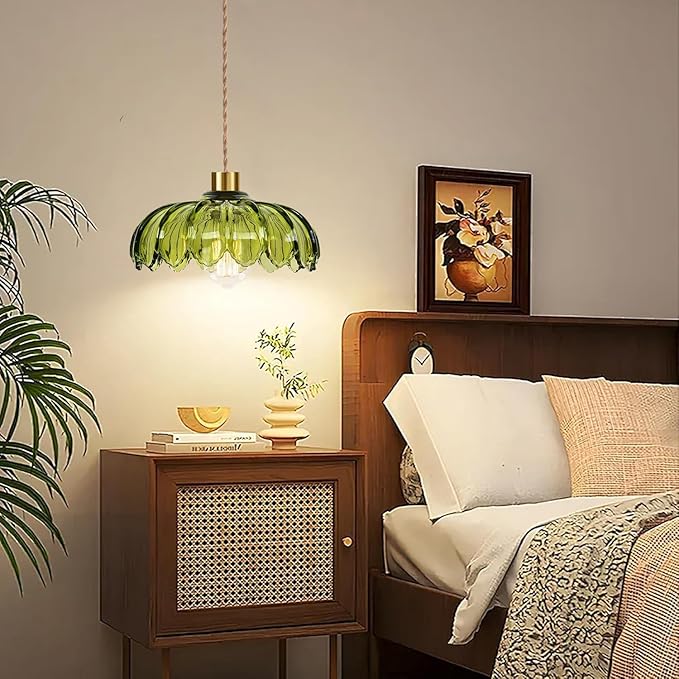 Plug in Pendant Light Hanging Lights with Plug in Cord Boho Hanging Lamp Glass Gold Mid Century Modern Vintage Dimmable Green Flower Plug in Chandelier Ceiling Fixture for Living Room,Kitchen