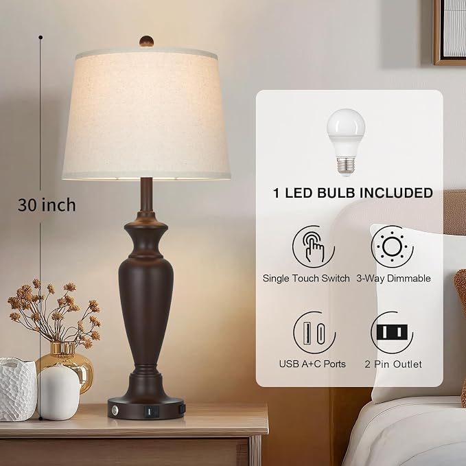 30" Tall Brown Table Lamp for Living Room, Touch Control Bedside Lamp for Bedroom Nightstand, 3-Way Dimmable Farmhouse Lamp with Charging Ports (1 Pack)