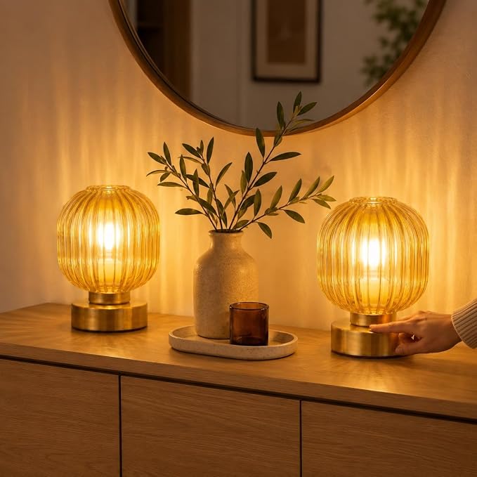Elenhome Amber Touch Glass Table Lamp Set of 2, 3-Way Dimmable Bedside Lamps, Vintage Mid-Century Modern Nightstand Lamps for Bedroom and Living Room, Ambient Mood Lighting, LED Bulb Included