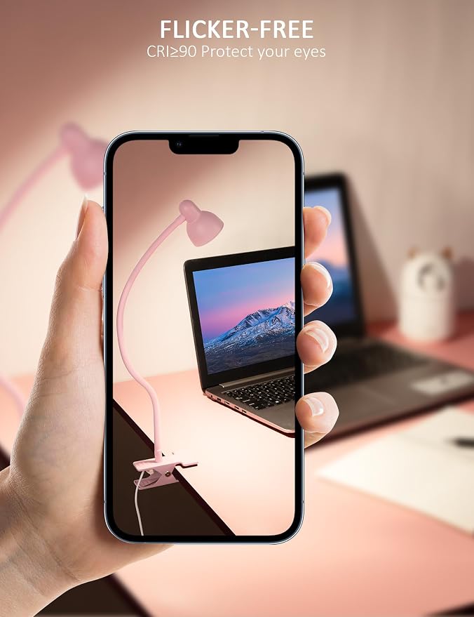 Pink Small Desk Lamp Clip on Reading Light for Bed 3 Colors | 10 Brightness Dimmable Flexible Gooseneck Clip on Light for Bed Headboard College Dorm Room