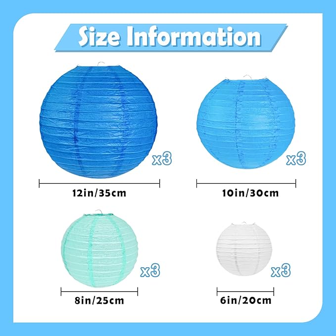12Pcs Blue Paper Lanterns Set, Blue White Mint Green Hanging Round Paper Lanterns in Assorted Sizes 6" 8" 10" 12", for Graduation, Wedding, Birthday, Baby Shower and Coastal Party Decorations