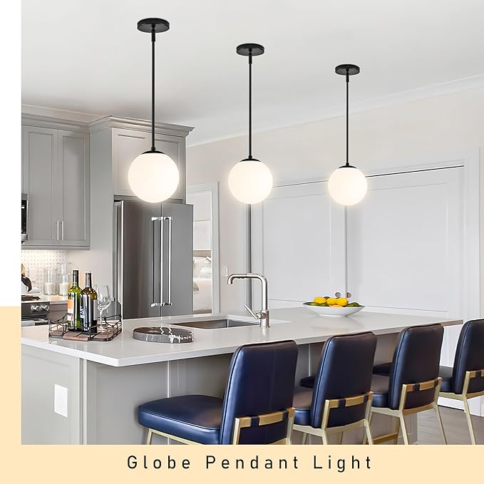 8" Globe Pendant Light Black 2 Pack Mid Century Pendant Light Globe Pendant Lights Kitchen Island Matte Black Finished with Milk Glass Adjustable Ceiling Light Fixtures for Dining Room Bar