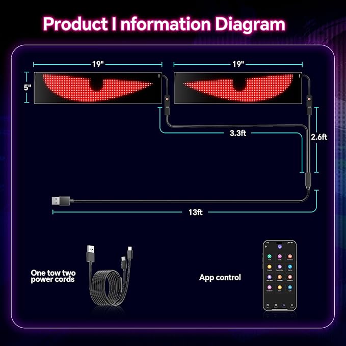 LED Eyes for Truck Windshield | Programmable Devil Eyes Light for Cars | Bluetooth APP Control | Can Edit Text/Graffiti/Animations
