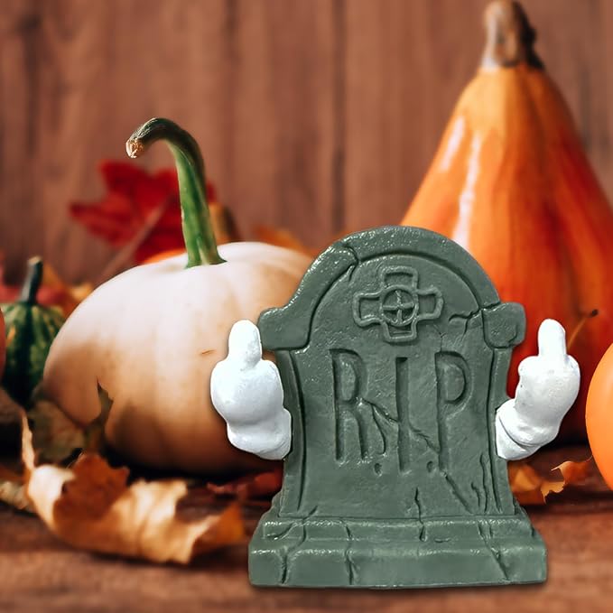 Halloween Mini Tombstones Graveyard Figurine Decorations Spooky Home Desk Ornament Indoor Cute Middle Finger Gestures Figurine Gifts for Halloween Outdoor Indoor Decorations
