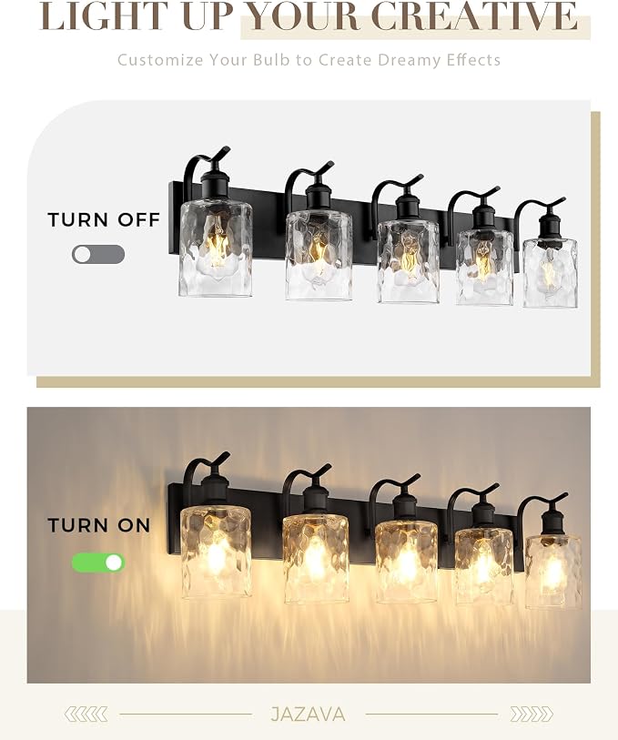 5-Light 34 Inch Bathroom Vanity Light,Hammered Glass,Black | Over Mirror Wall Light,E26 sockets,for bathroom mirror,powder room,dressing area,wall-mounted vanity lighting