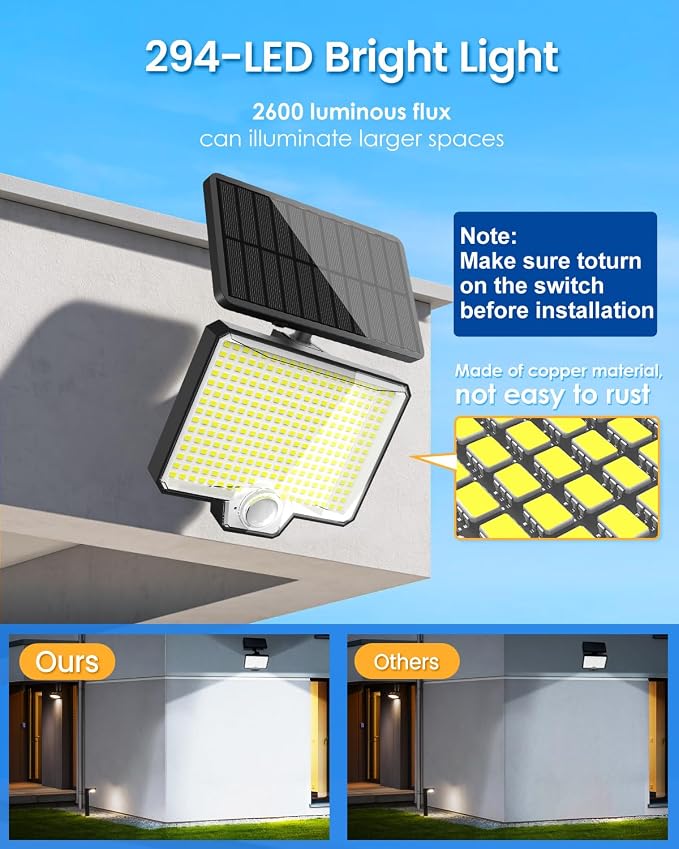 294 LED Solar Motion Sensor Outdoor Lights 7500K, 3900Lm Solar Flood Lights, IP67 Waterproof Outside Solar Powered Security Spot Lights for Porch Patio Yard Garage Fence, 3 Pack Black | AUDERWIN 294 LED, 2600Lm, Angle Adjustable Solar Powered Security ...