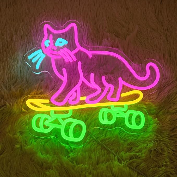Cat Skateboard Neon Sign for Wall Decor Cat Neon Light Skateboard LED Neon Signs Colorful Led Neon Lights for Bedroom Pet Shop Skatepark Decoration