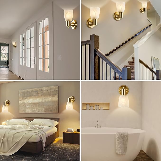 EJIAXIN Wall Sconces Set of 2, Gold Vanity Lights for Bathroom, Modern Wall Light Fixtures with Rotary Switch, Wall Mount Light with Frosted Glass, Farmhouse Lamp for Bedroom Living Room