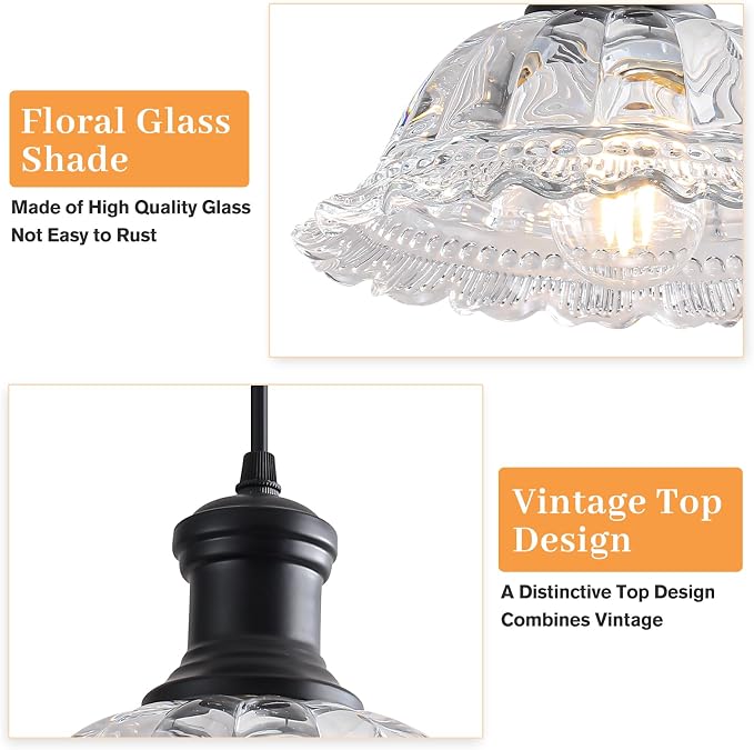 Vintage Pendant Light, Glass Pendant Light Fixture with Flower Clear Shade, Farmhouse Black Pendant Lighting for Kitchen Island, Dining Room, Bedroom, Living Room, Entryway, Hallway