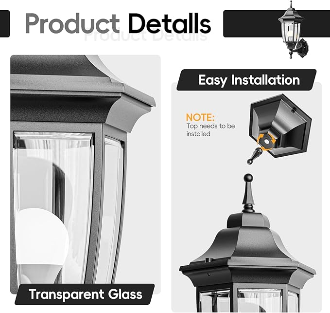 EMART Dusk to Dawn Outdoor Porch Light, Exterior Anti-Corrosion, Waterproof Aluminum & Glass Shades Wall Lamp Fixture, Modern Sconce Lantern for Yard, House, Garage - 1 Pack, Black （Bulb Included）