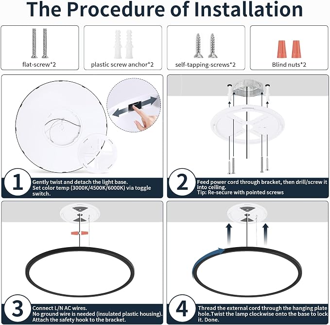 MOONSEA 20 Inch LED Dimmable Flush Mount Ceiling Light Fixture 40W Round | Adjustable 3000K/4500K/6000K, 4000LM Bright Kitchen Light Fixture, 10-100% Brightness Adjustable, 0.98in Low Profile