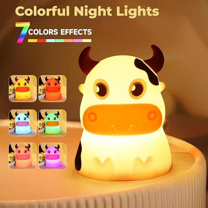AVEKI Night Light for Kids, Portable Tap Control Rechargeable Nightlight Lamp, Color Changing, Remote Control Silicone Cute Animal Cow Night Lamp Bedroom Decor for Infant or Toddler (Cows-Remote)