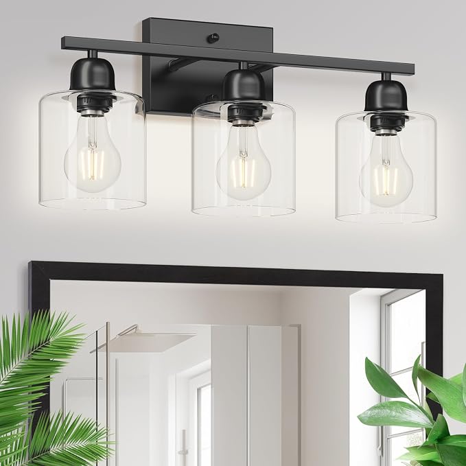 Modern 3 Light Bathroom Light Fixtures, 19 inch Black Vanity Lights For Bathroom With Clear Glass, Bathroom Lighting Fixtures Over Mirror For Mirror Kitchen Living Room Hallway Cabinet Porch
