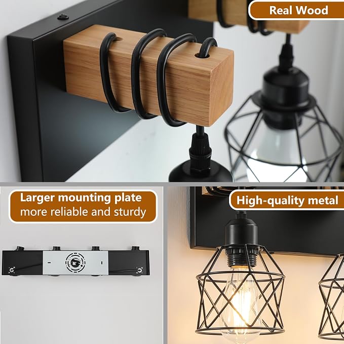 Farmhouse Vanity Light Fixture,5-Light Bathroom Lighting,Black Industrial Wood Wall Light Over Mirror with Metal Shade,LED Bulbs Not Included