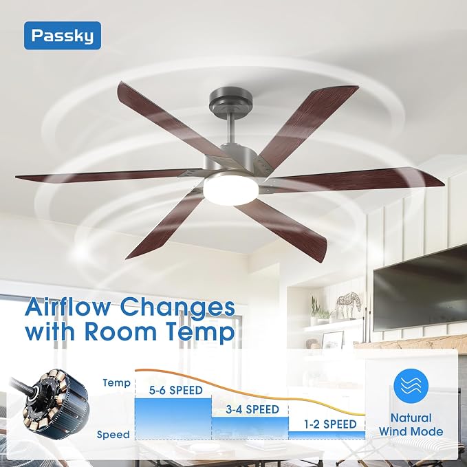 Passky 60 Inch Black Contemporary Ceiling Fans with Lights, Remote Control | 3CCT dimmable light, quiet DC motor, reversible airflow; black contemporary style for bedroom and living room